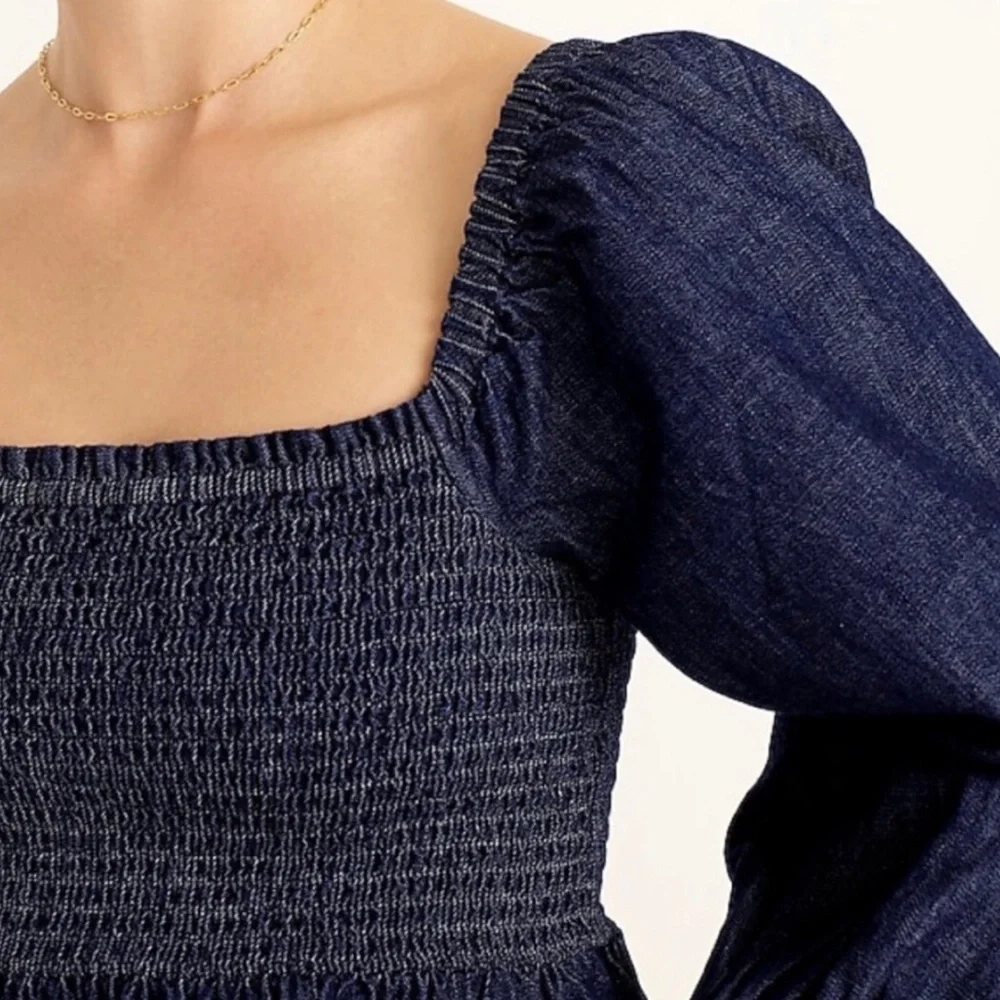 J. Crew Puff Sleeve Smocked Chambray Top